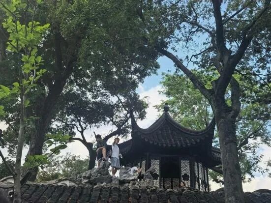 爬上梧竹幽居的假山